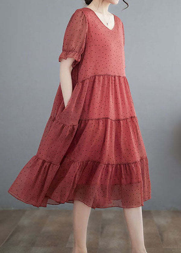 Red V Neck Dot Print Patchwork Chiffon Dresses Summer