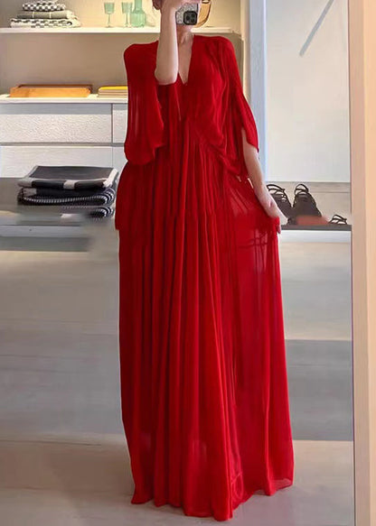 Red V Neck Wrinkled Chiffon Maxi Dress Half Sleeve