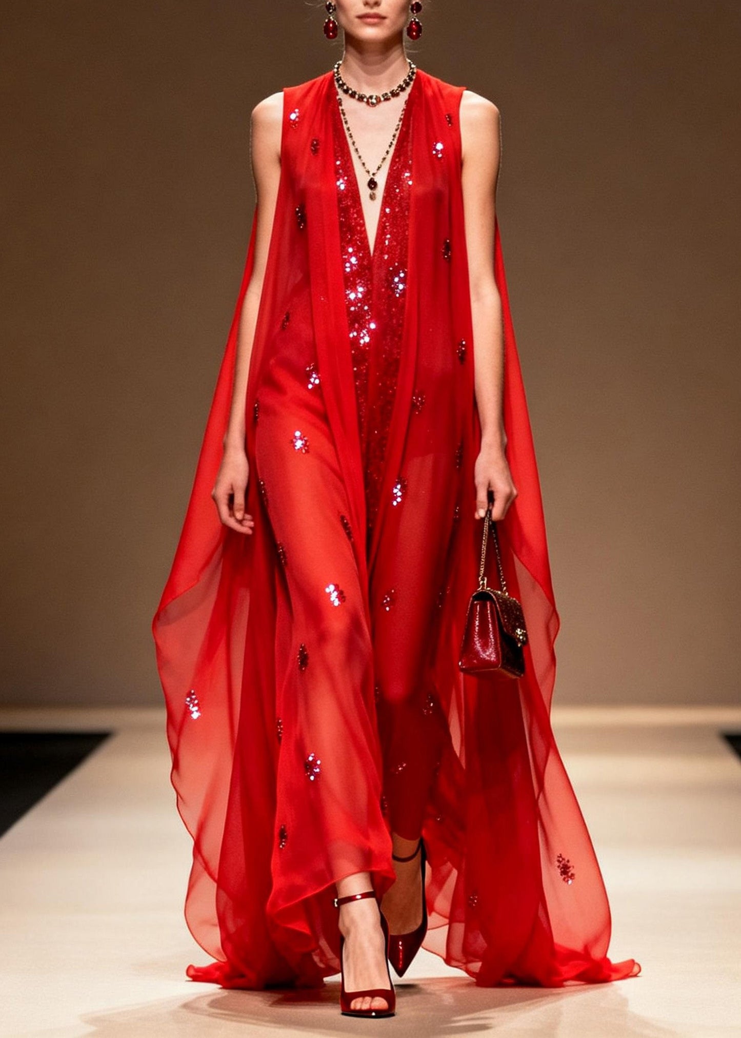Red V Neck Zircon Patchwork Chiffon Dress Summer