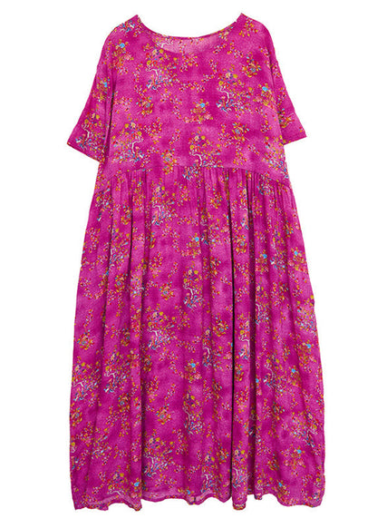 Rose Print Patchwork Cotton Cozy Long Dress Short Sleeve