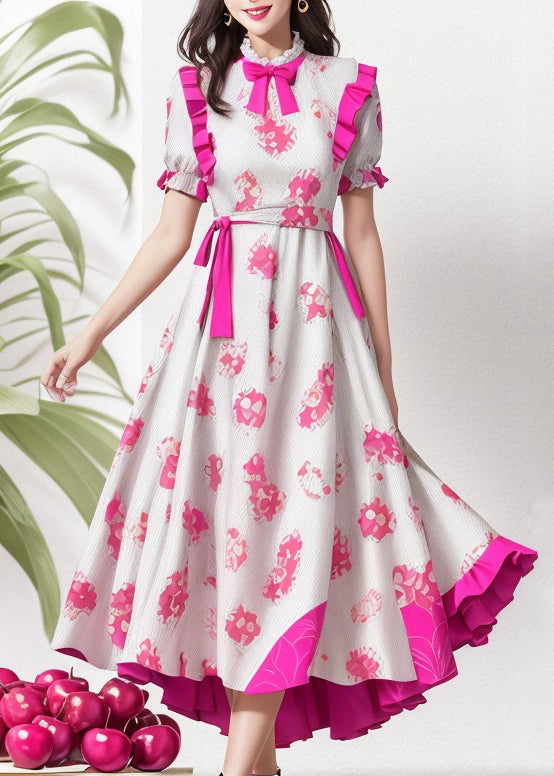 Rose Ruffled Print Patchwork Silk Dresses Summer