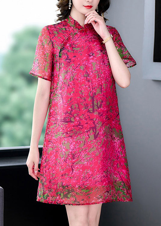 Rose Stand Collar Print Silk Mid Dress Summer