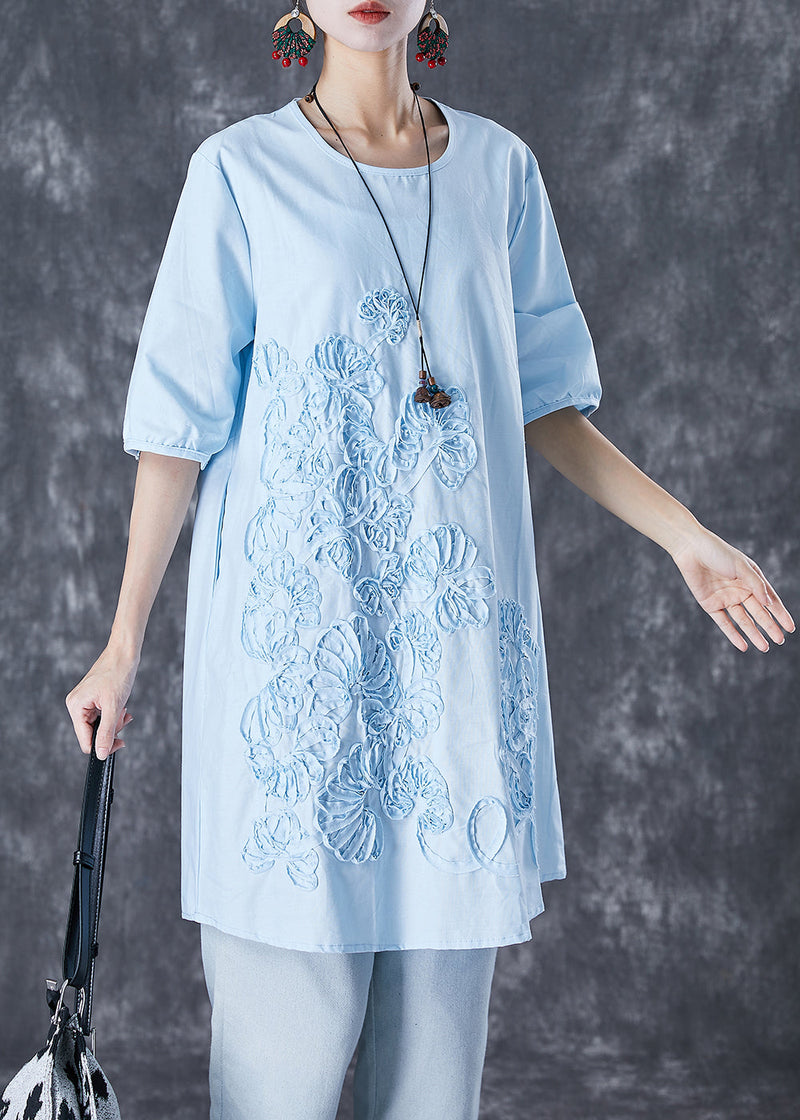 Sky Blue Embroideried Linen Mid Dress Summer