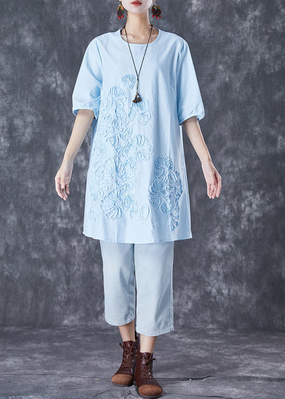Sky Blue Embroideried Linen Mid Dress Summer