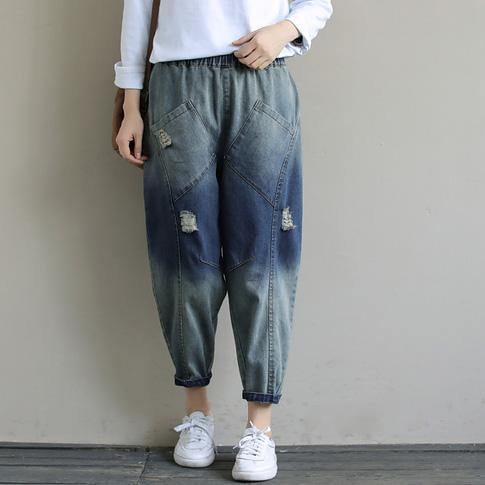 Spring Pants Stylish Denim Dark Blue Shape Elastic Waist Hole Wild Pants