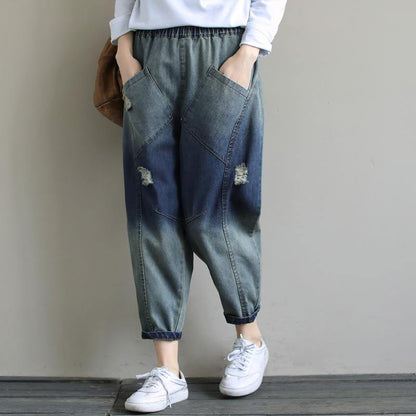 Spring Pants Stylish Denim Dark Blue Shape Elastic Waist Hole Wild Pants