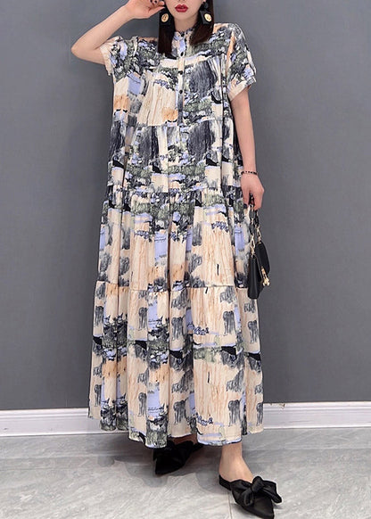 Stand Collar Button Print Patchwork Wrinkled Chiffon Long Dress Short Sleeve
