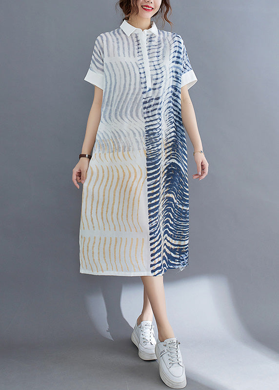 Striped Button Cotton Long Dress Short Sleeve