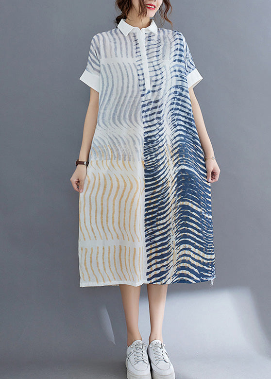 Striped Button Cotton Long Dress Short Sleeve