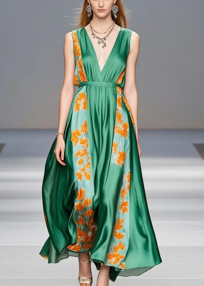 Tea Green V Neck Patchwork Silk Holiday Dress Sleeveless