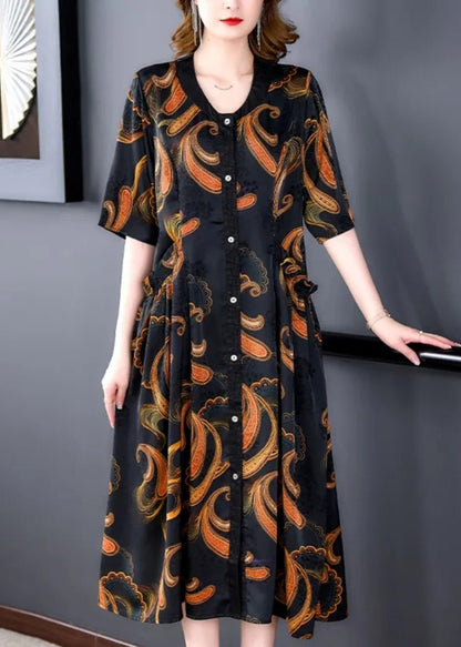 V Neck Print Button Silk Maxi Shirts Dresses Summer