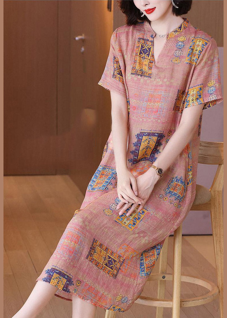 V Neck Print Linen Long Dresses Short Sleeve