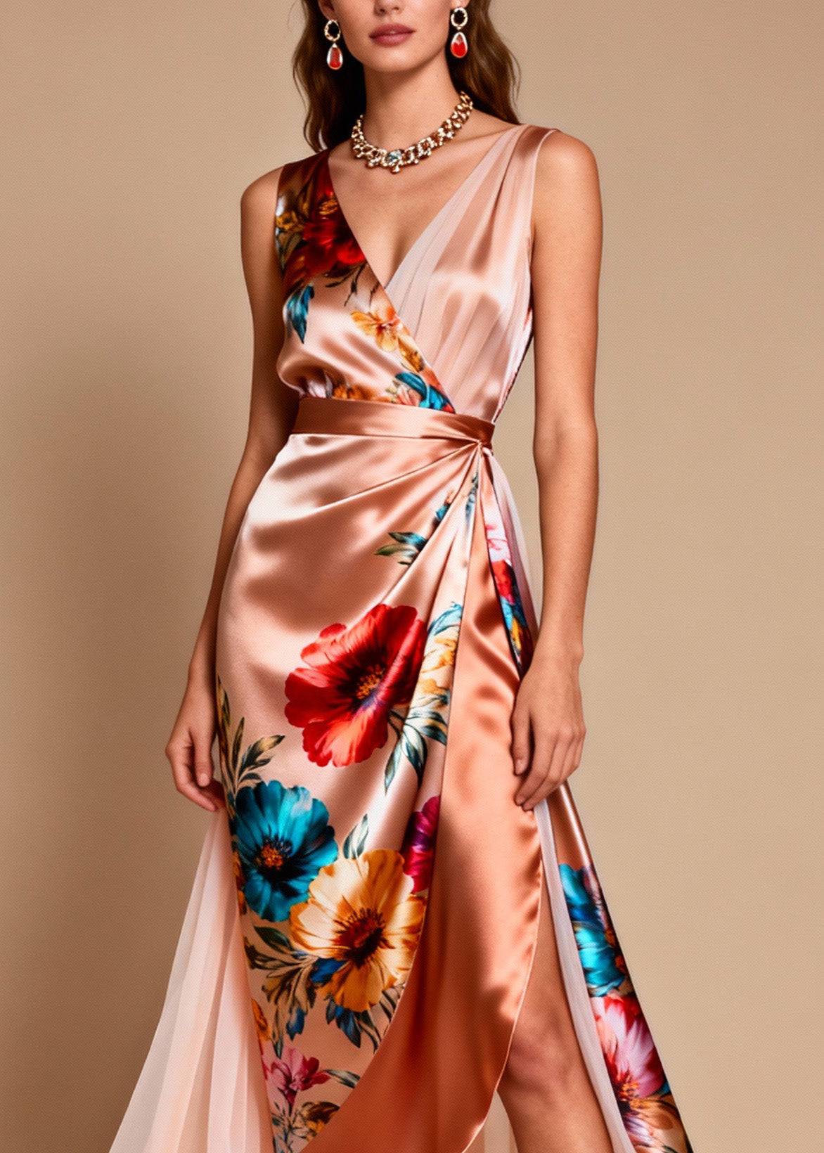 V Neck Print Patchwork Silk Dress Sleeveless