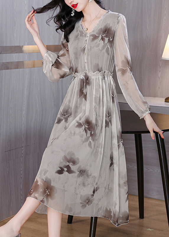 V Neck Print Ruffled Silk Chiffon Dresses Lantern Sleeve