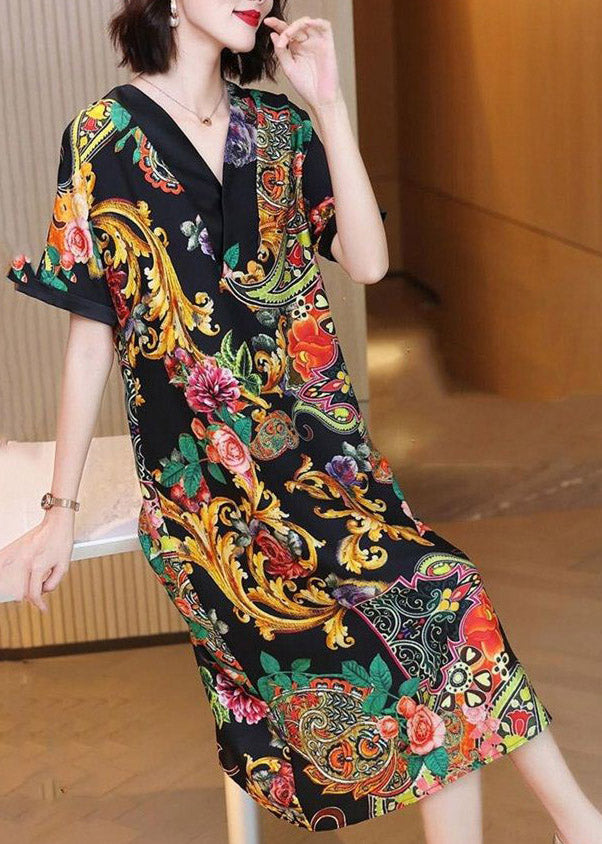 V Neck Print Silk Party Dress Short Sleeve