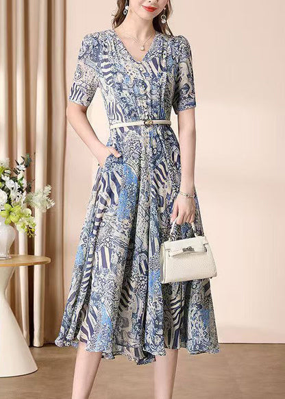 V Neck Print Wrinkled Chiffon Dress Summer