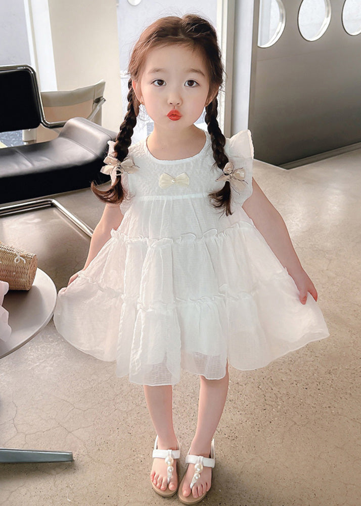 White Bow Tulle Kids a Line Mid Dresses Summer