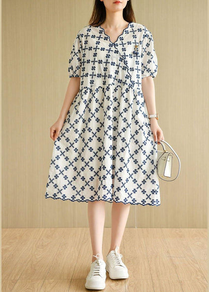 White V Neck Embroideried Summer Cotton Mid Dress Short Sleeve