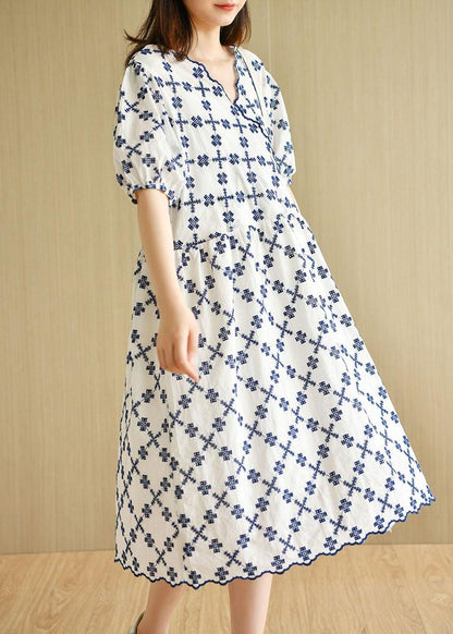 White V Neck Embroideried Summer Cotton Mid Dress Short Sleeve