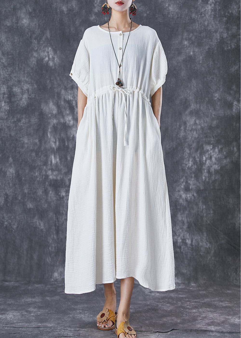 White Cinched Pockets Cotton Holiday Dress Summer