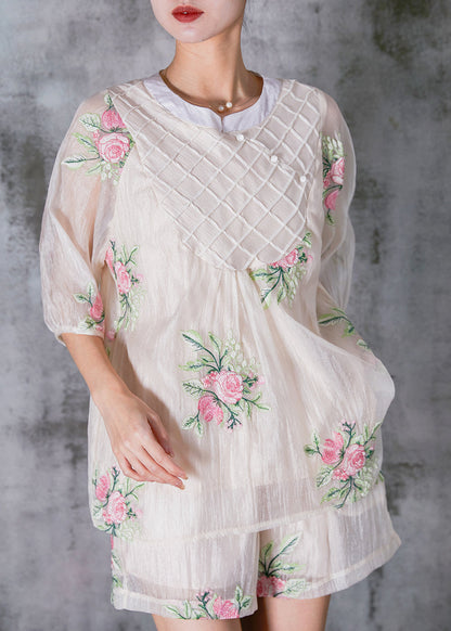 White Embroidered Silk Oriental Two Pieces Set Summer