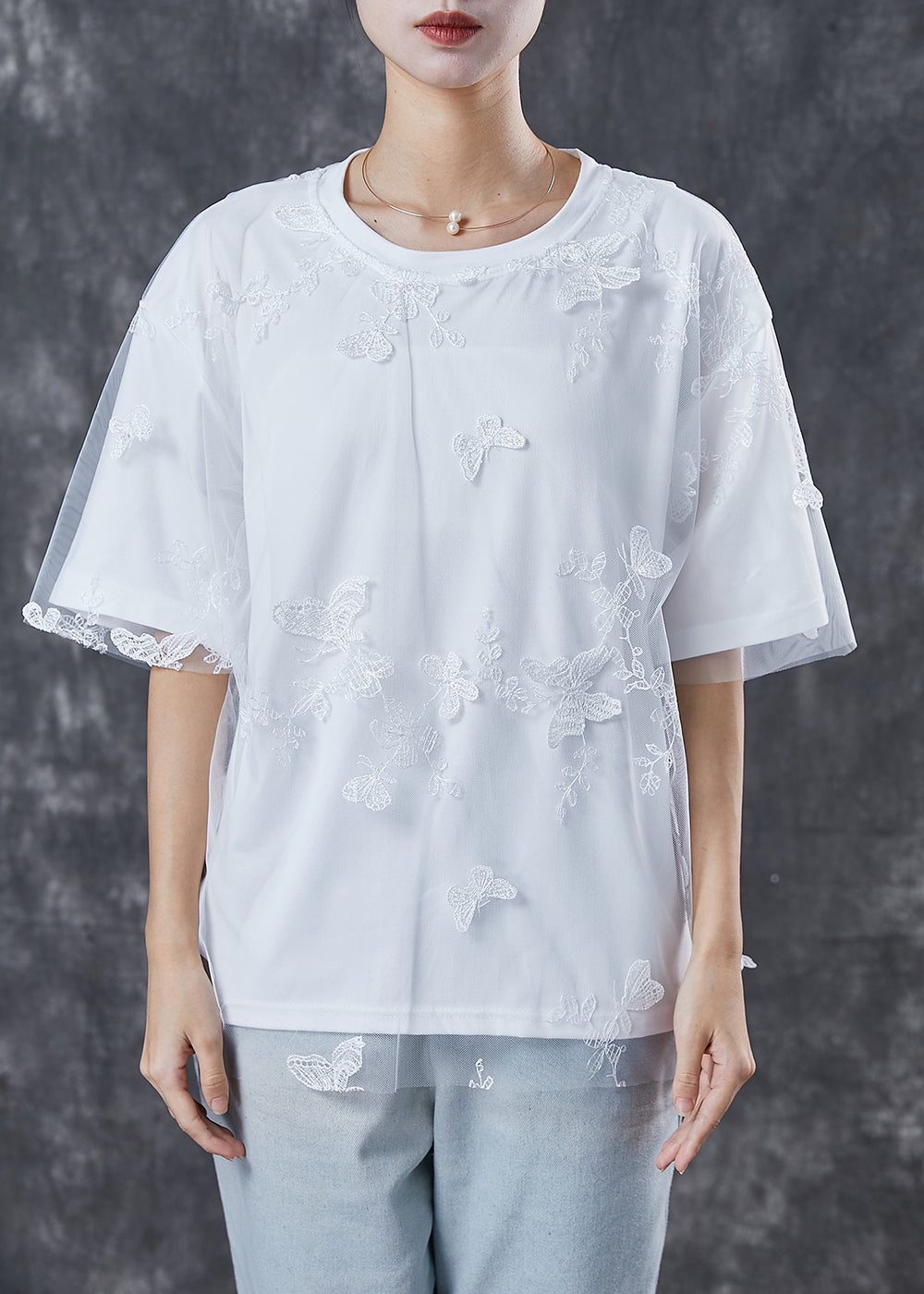 White Embroidered Butterfly Tulle Tanks Top Summer