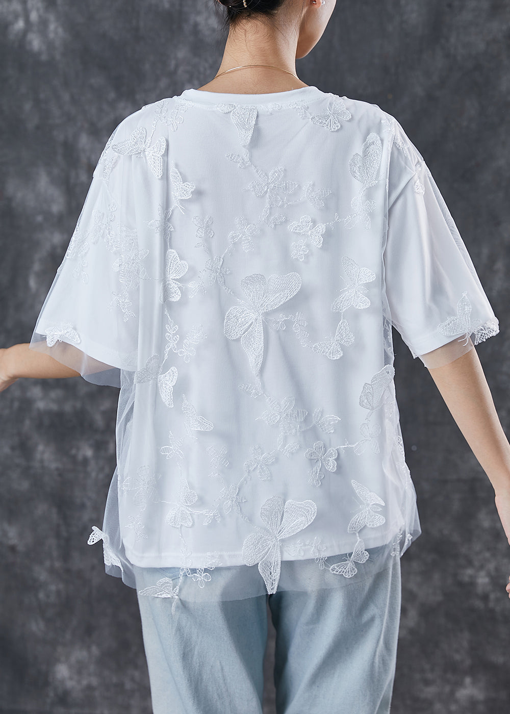 White Embroidered Butterfly Tulle Tanks Top Summer