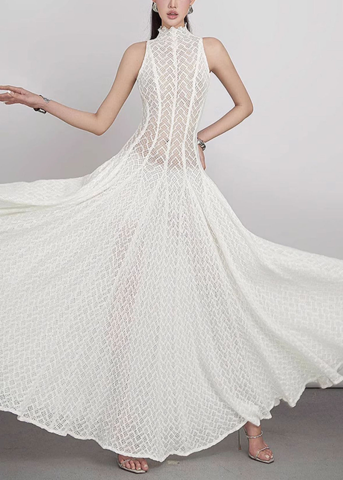 White Hollow Out Lace Maxi Dress Sleeveless