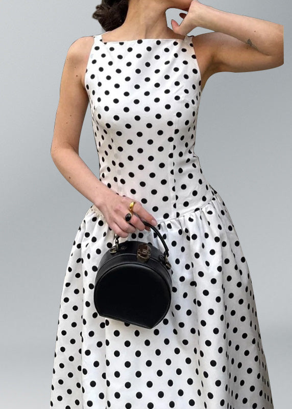White O Neck Dot Print Cotton Long Dresses Sleeveless
