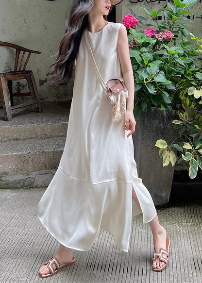 White O-neck Side Open Silk Long Dress Sleeveless