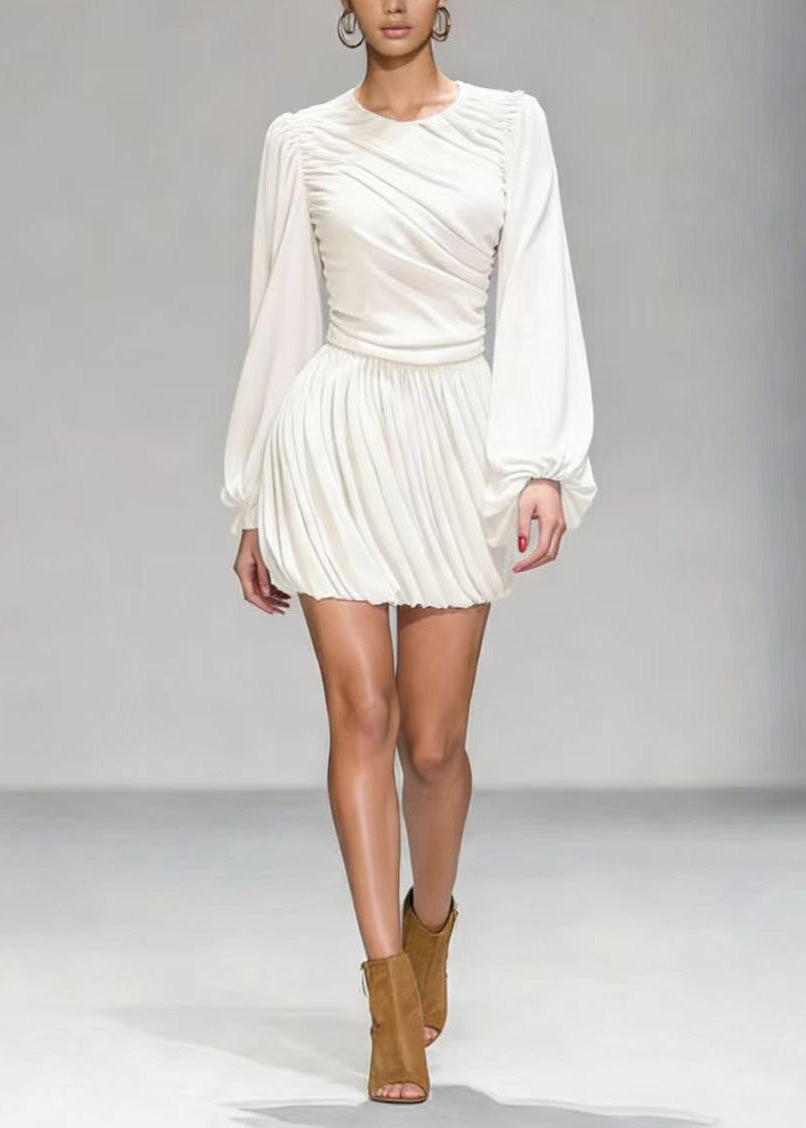 White O Neck Wrinkled Patchwork Mid Dress Lantern Sleeve