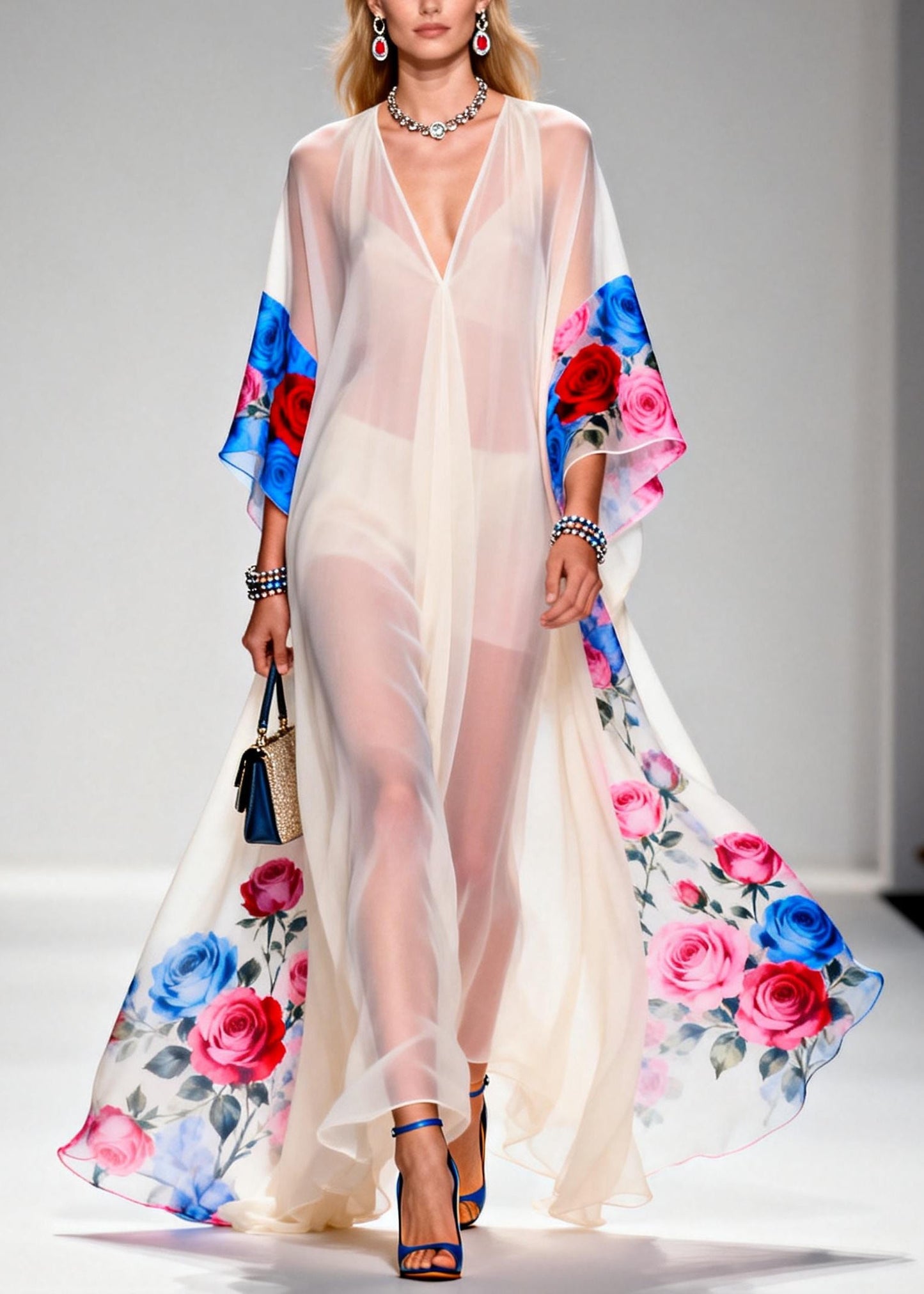 White Oversized Print Sheer Chiffon Maxi Dresses Summer