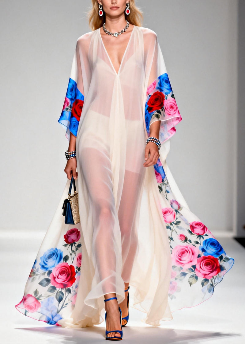 White Oversized Print Sheer Chiffon Maxi Dresses Summer