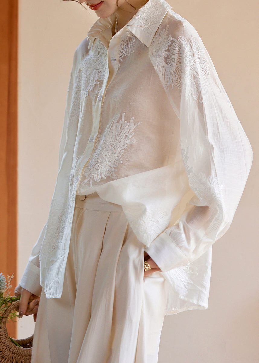 White Peter Pan Collar Embroidered Button Silk Shirts Fall