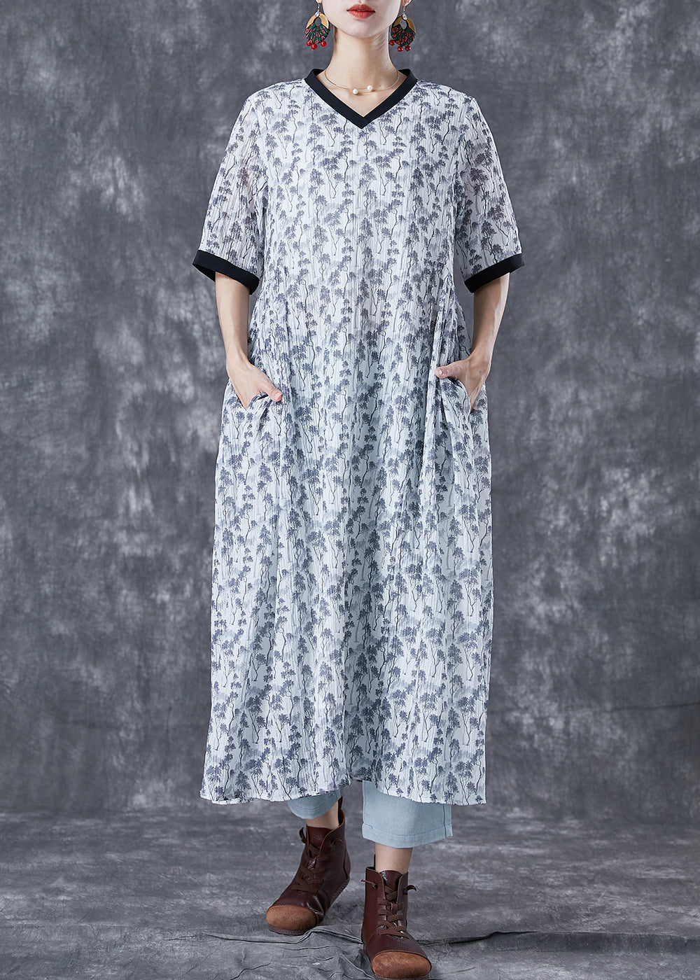 White Print Patchwork Pockets Cotton Long Dresses Summer