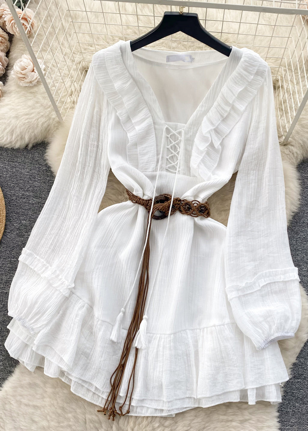 White Ruffled Lace Up Cotton Mid Dress Long Sleeve
