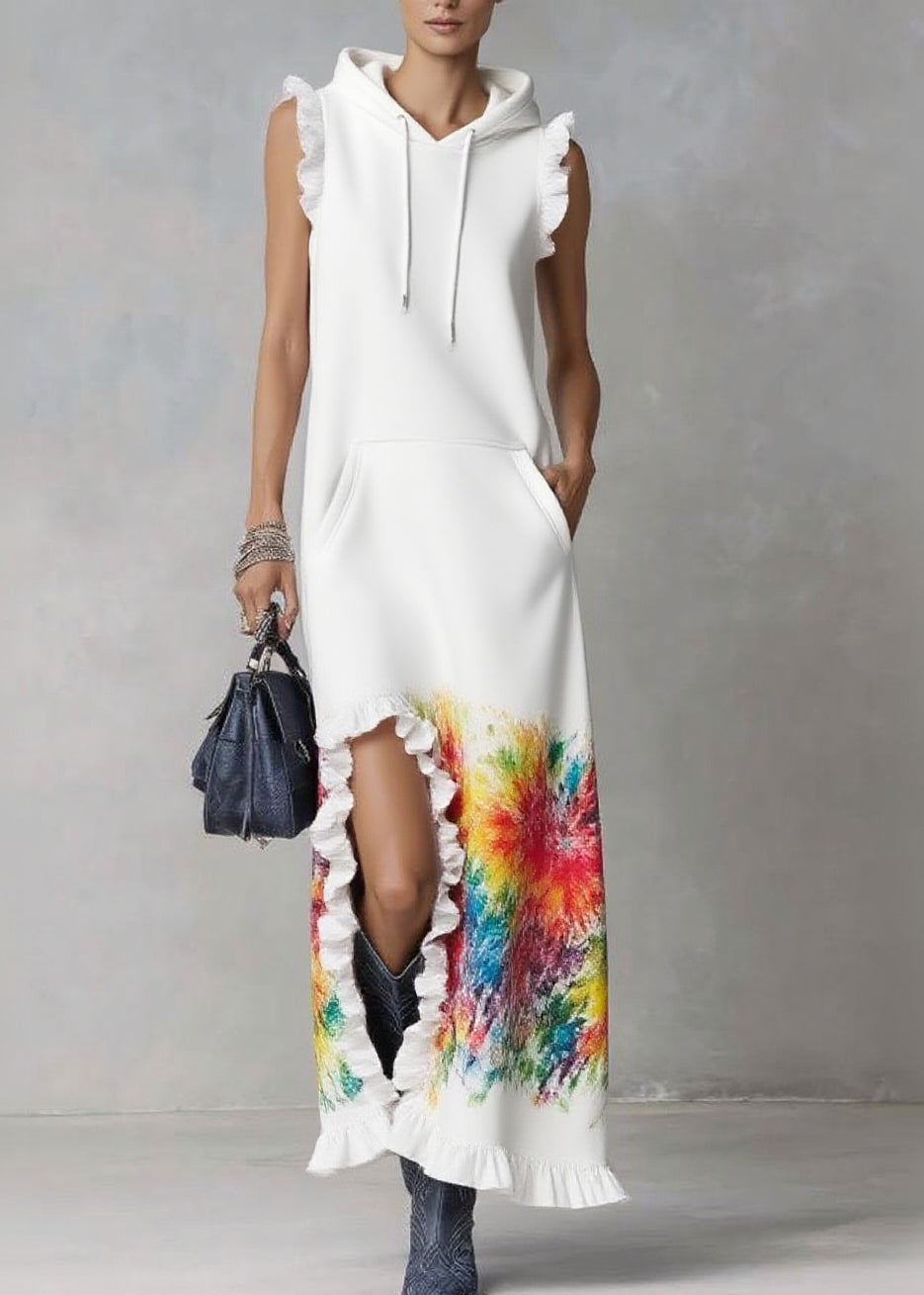 White Ruffled Print Drawstring Vacation Hooded Dresses Summer