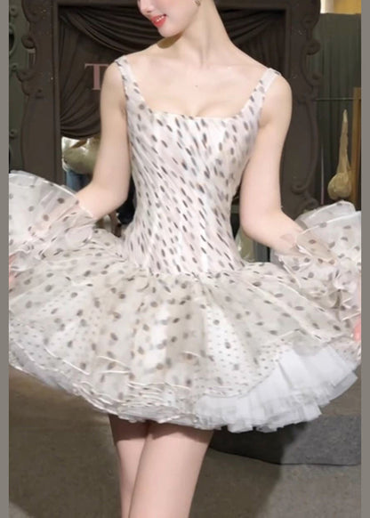 White Square Collar Dot Chiffon Mini Dresses Sleeveless