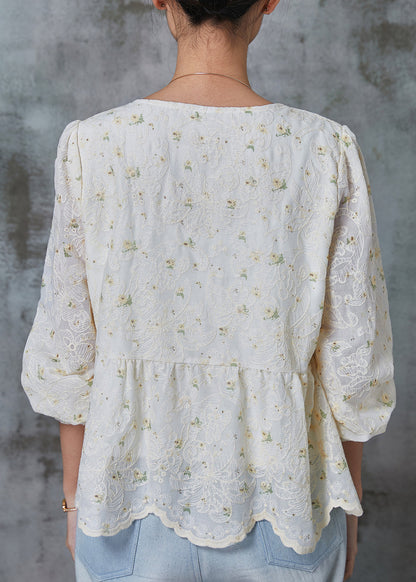 White Square Collar Embroidered Cotton Tops Spring