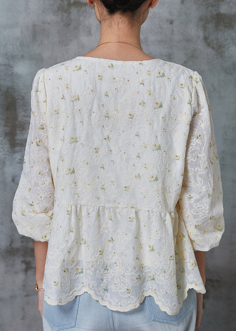White Square Collar Embroidered Cotton Tops Spring