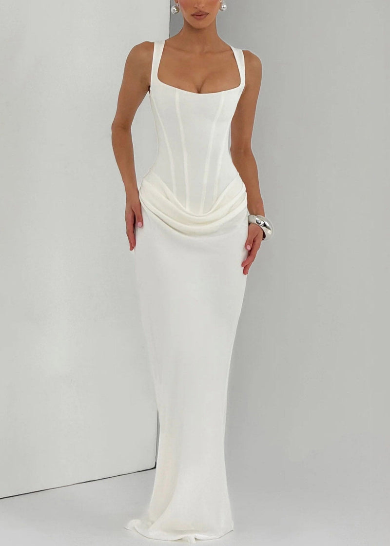 White Square Collar Flattering Maxi Spaghetti Strap Dress Sleeveless