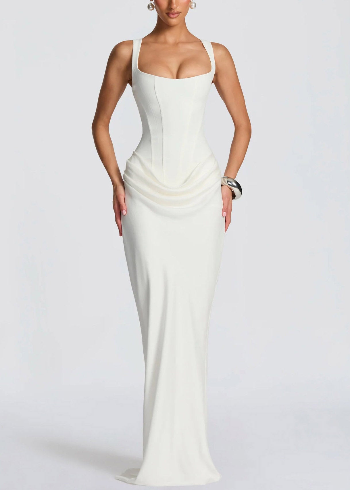 White Square Collar Flattering Maxi Spaghetti Strap Dress Sleeveless