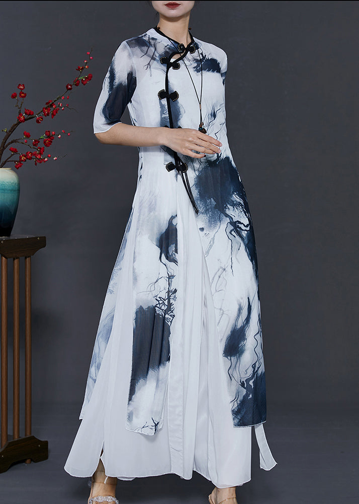 White Tie Dye Silm Fit Silk Oriental Two Piece Set Summer