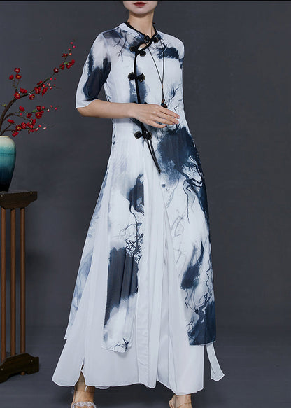 White Tie Dye Silm Fit Silk Oriental Two Piece Set Summer