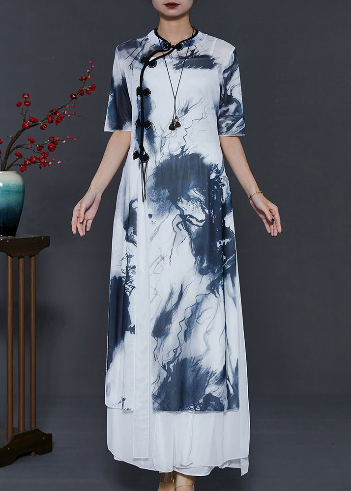 White Tie Dye Silm Fit Silk Oriental Two Piece Set Summer