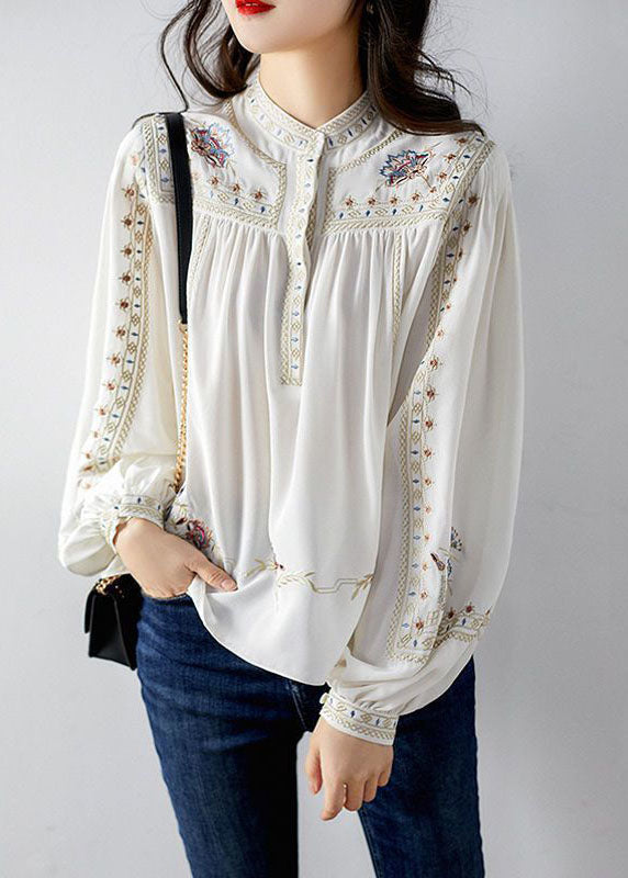 White Embroideried Chiffon Blouse Tops Long Sleeve