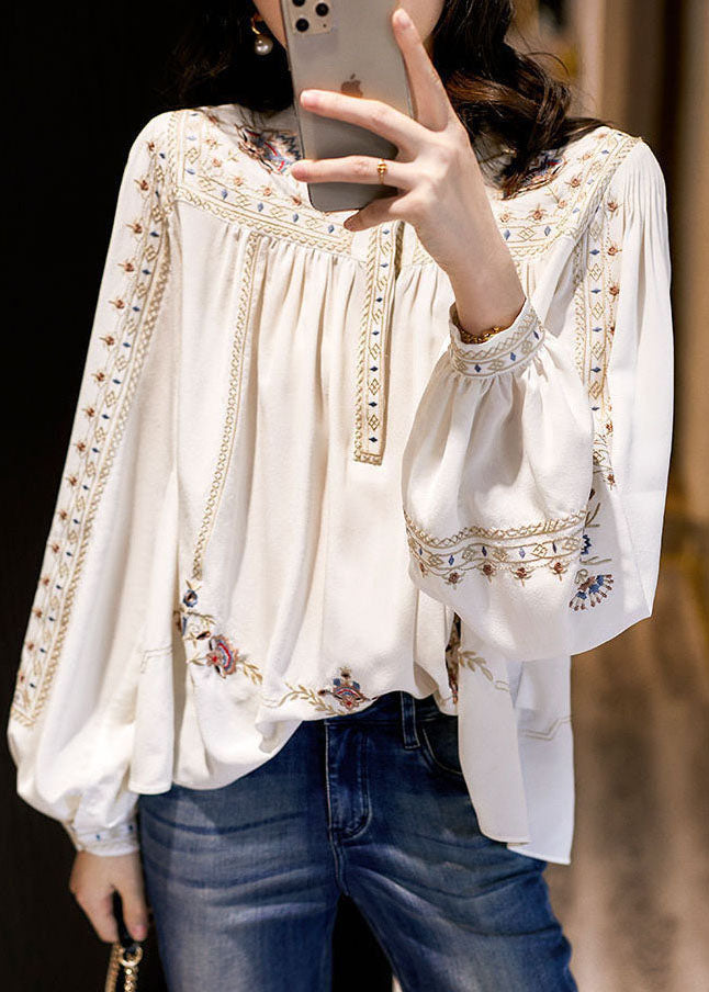 White Embroideried Chiffon Blouse Tops Long Sleeve