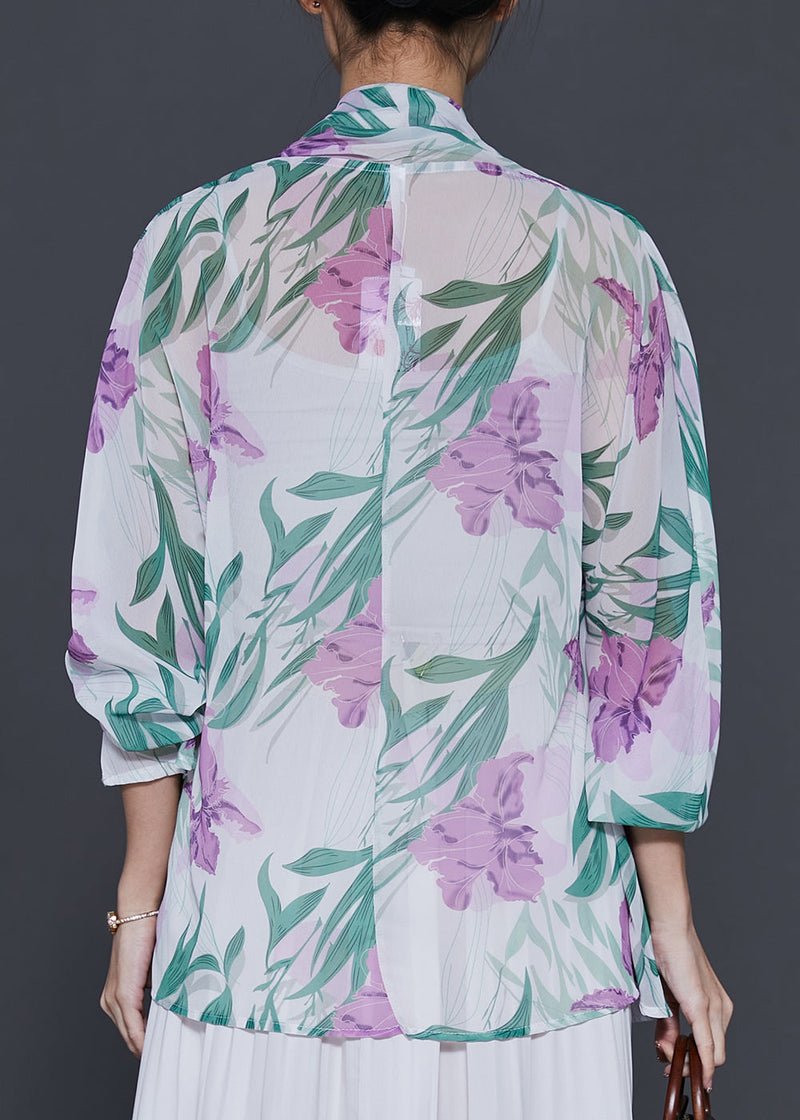 White Tulip Print Chiffon Fake Two Piece Shirt Spring