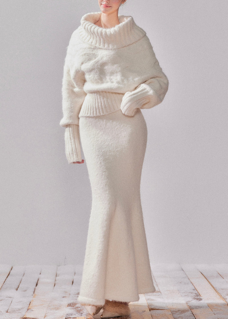 White Turtleneck Patchwork Cotton Knit Sweater and Maxi Dress Two-piece Set Spring