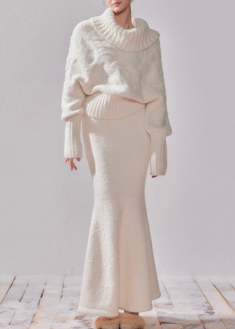 White Turtleneck Patchwork Cotton Knit Sweater and Maxi Dress Two-piece Set Spring